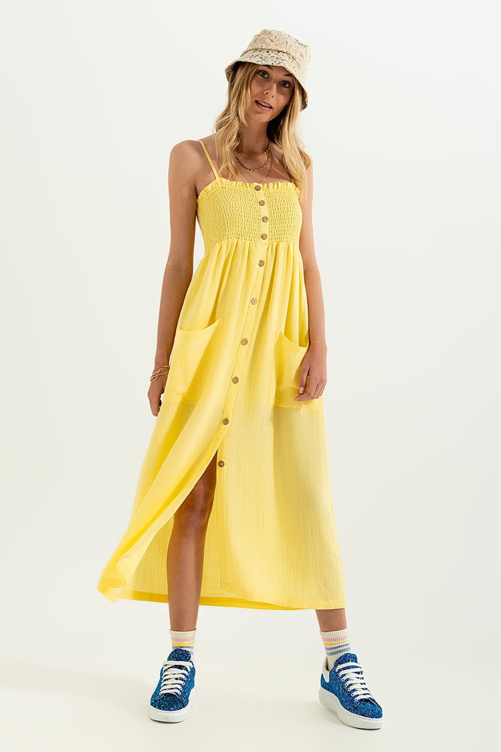 Shirred Bust Maxi Yellow Dress With Pockets