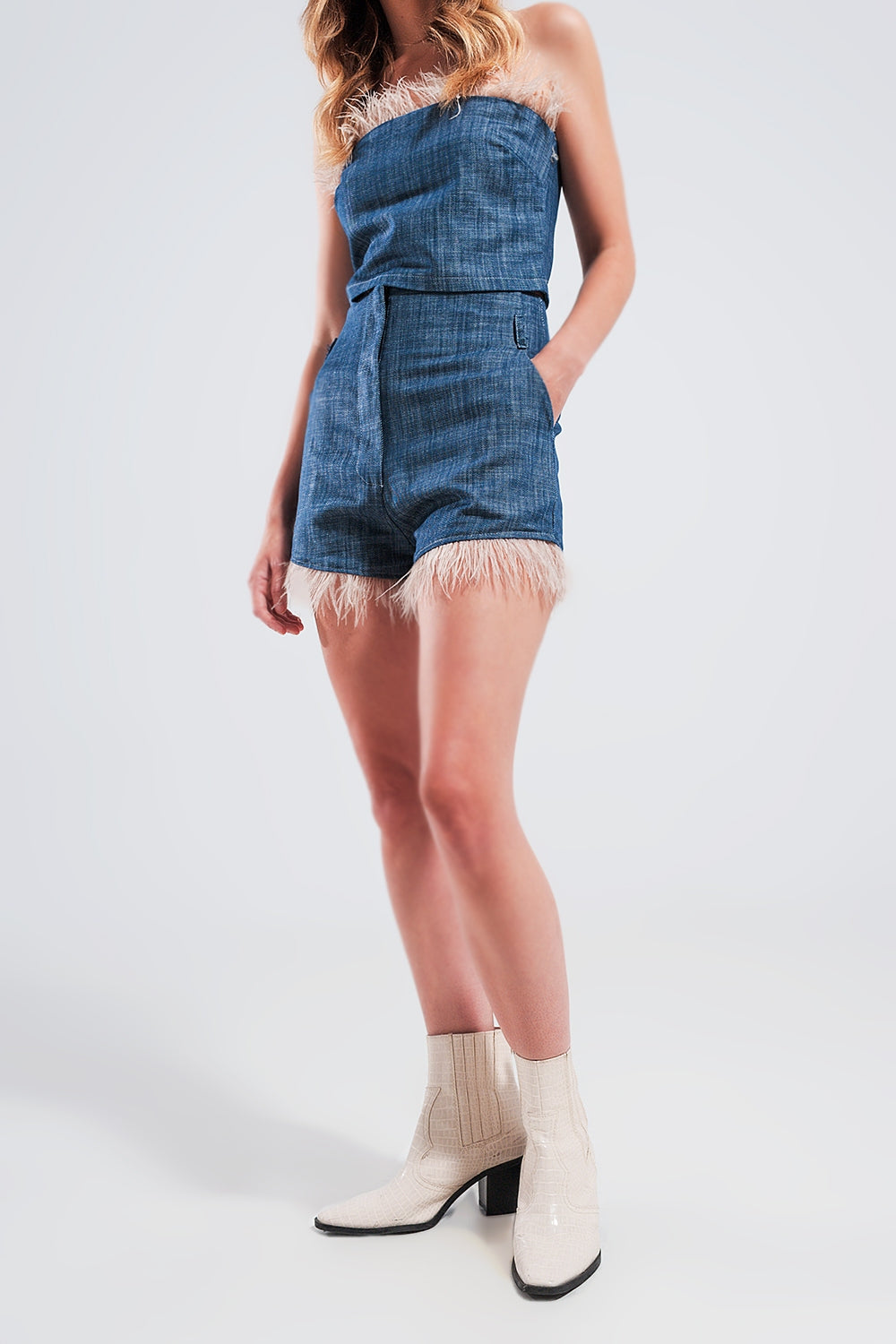 Suit Shorts With Faux Feather Hem in Blue