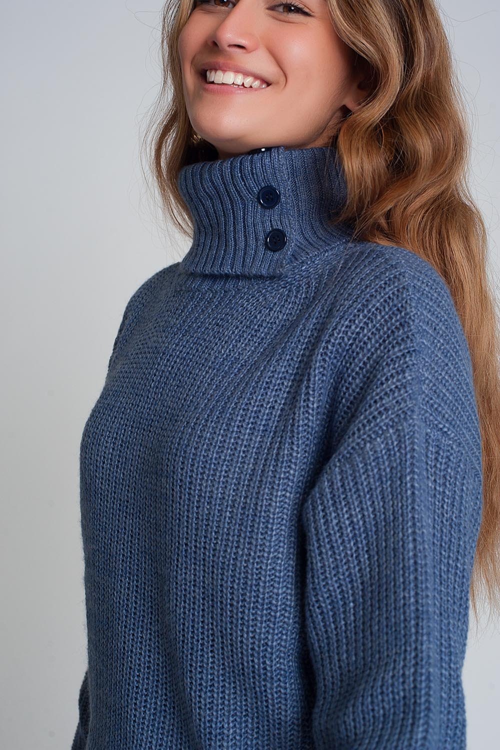 Knitted Sweater With Buttons and High Collar in Blue
