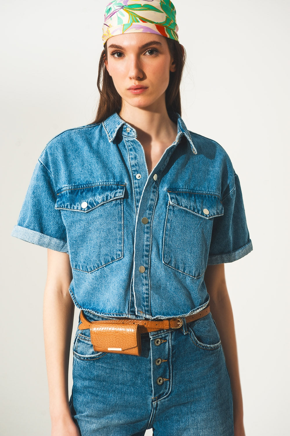 Denim Cropped Shacket in Authentic Blue