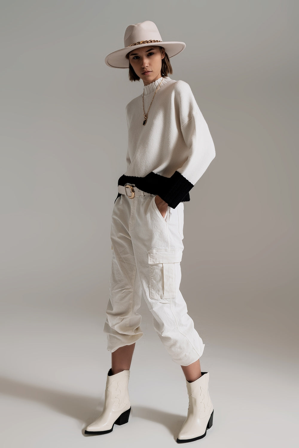 White Jumper With Black Ribbed Cuffs and Hem
