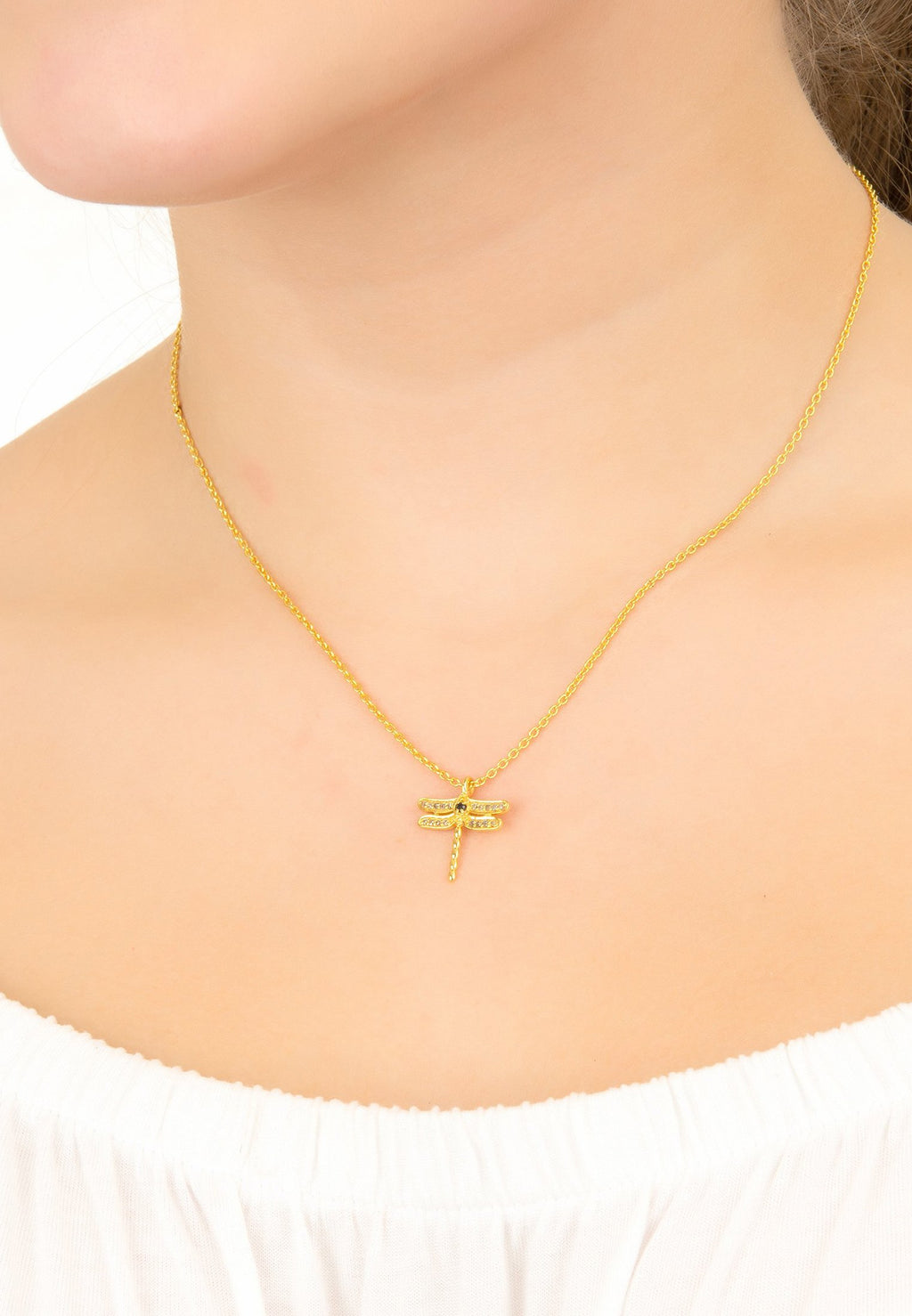 Diamond & Emerald Dragonfly Necklace Gold
