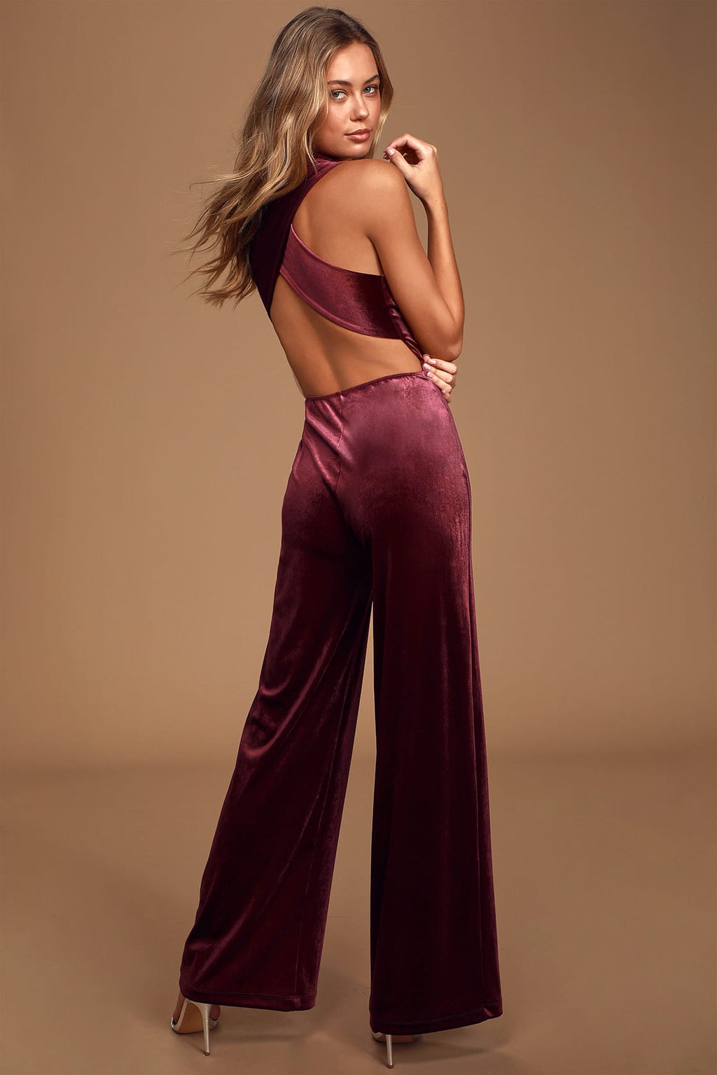 Best of Luxe Plum Purple Velvet Backless Jumpsuit