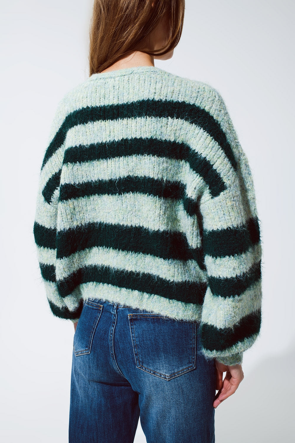 Oversized Green Stripy Fluffy Sweater With Balloon Sleeves