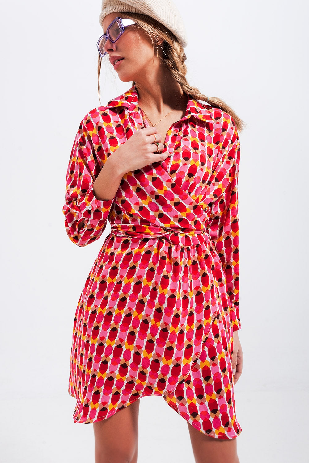Button Front Tie Waist Printed Dress in Red