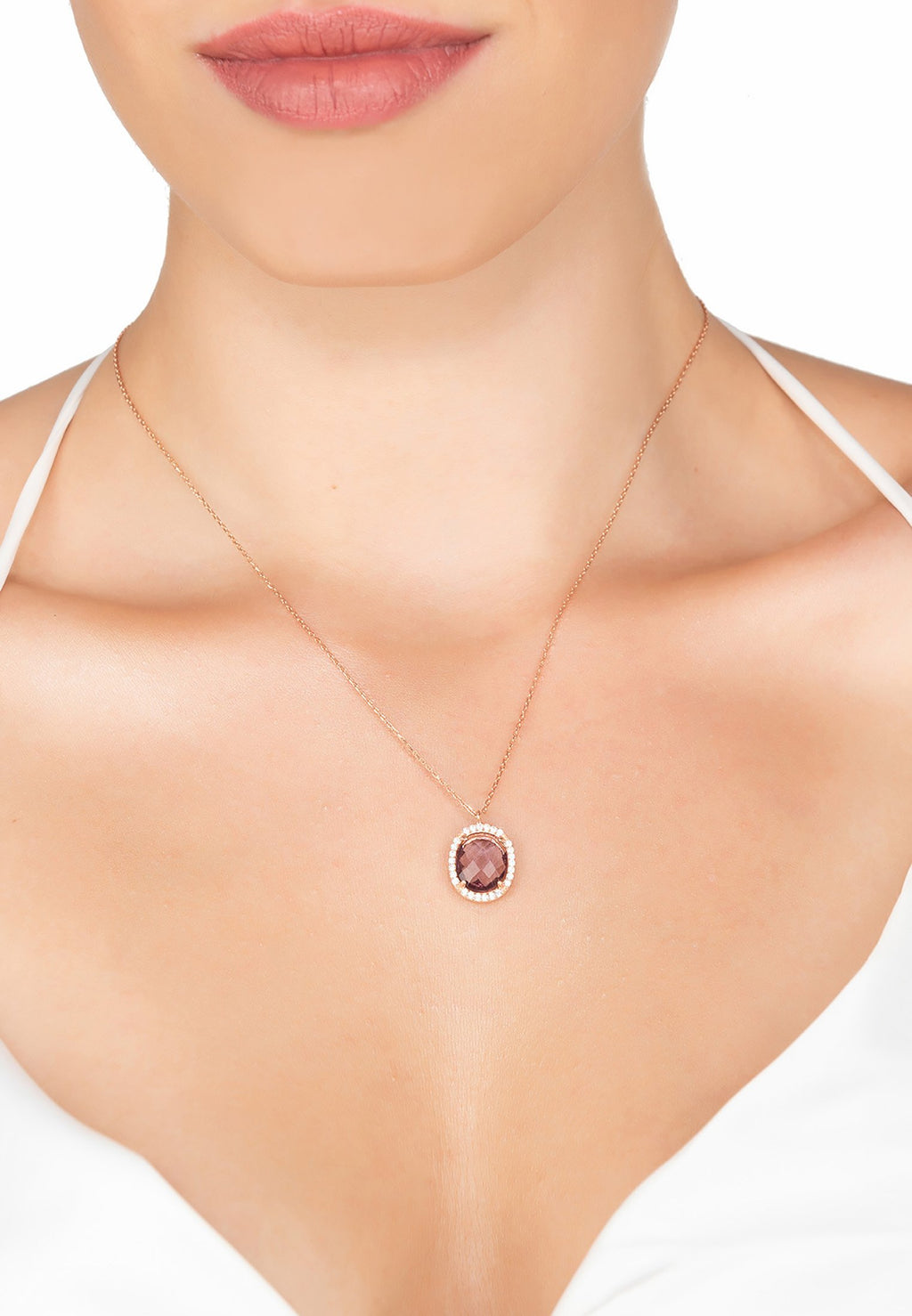 Beatrice Oval Gemstone Pendant Necklace Rose Gold Amethyst Hydro