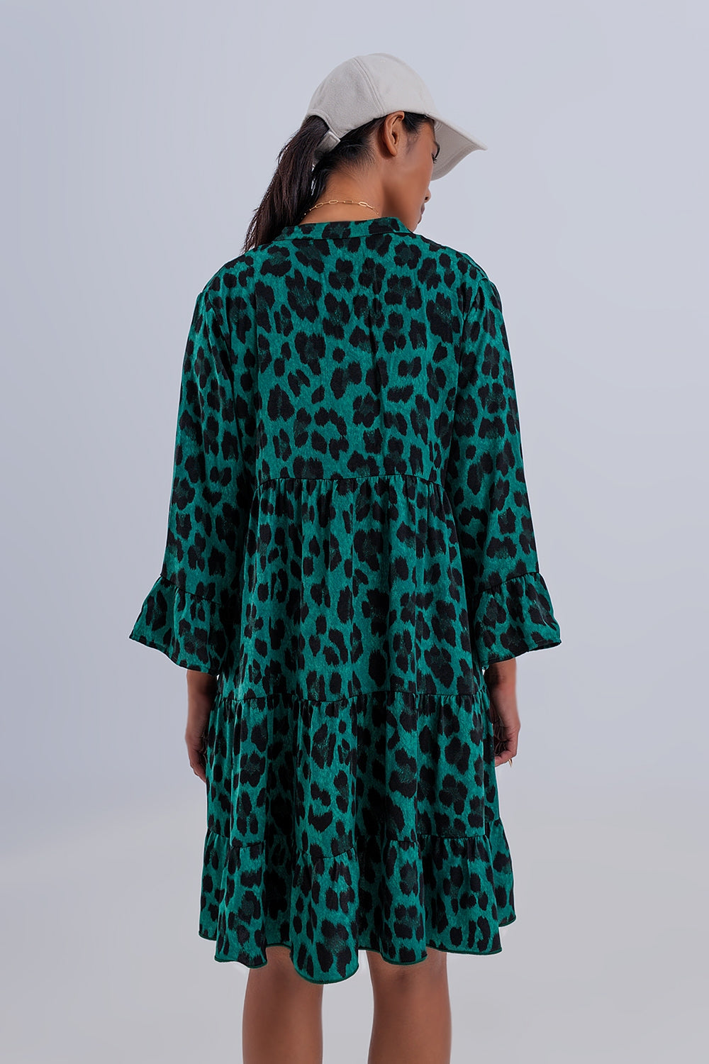 Tiered Smock Mini Dress in Green Animal Print