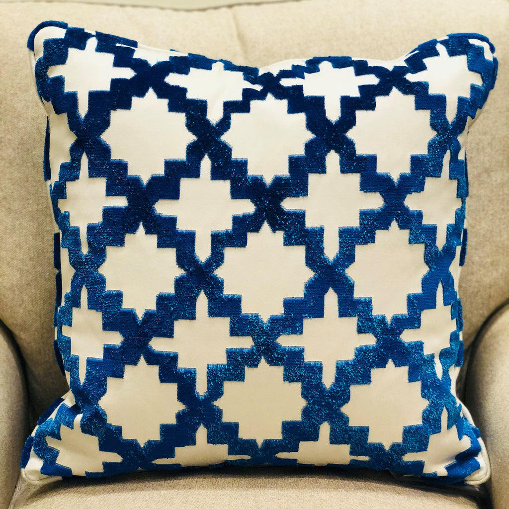 Velvety French Medallion Blue and Off White Geometric Luxury Throw Pillow