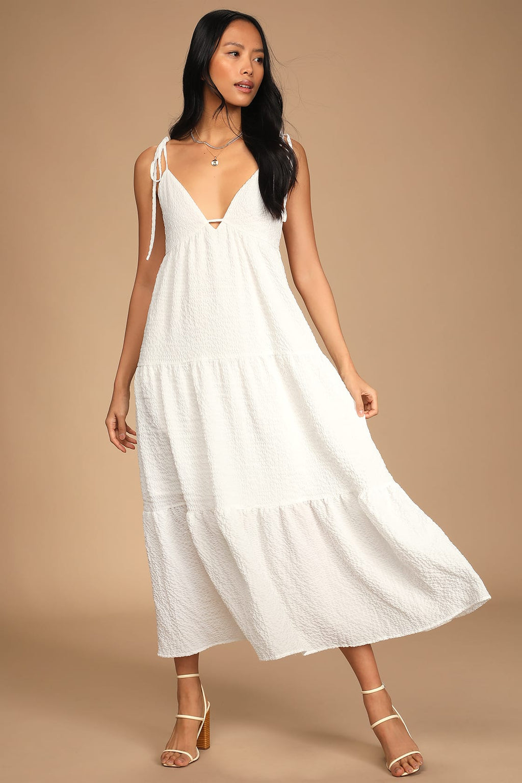 Let the Sun Beam White Tie-Strap Tiered Midi Dress With Pockets