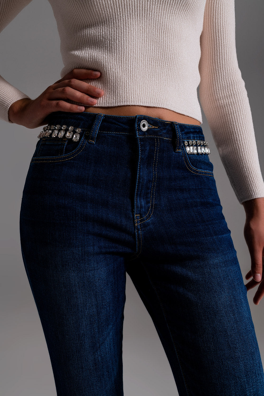 Jeans With Strass Fringe at Pockets in Dark Wash