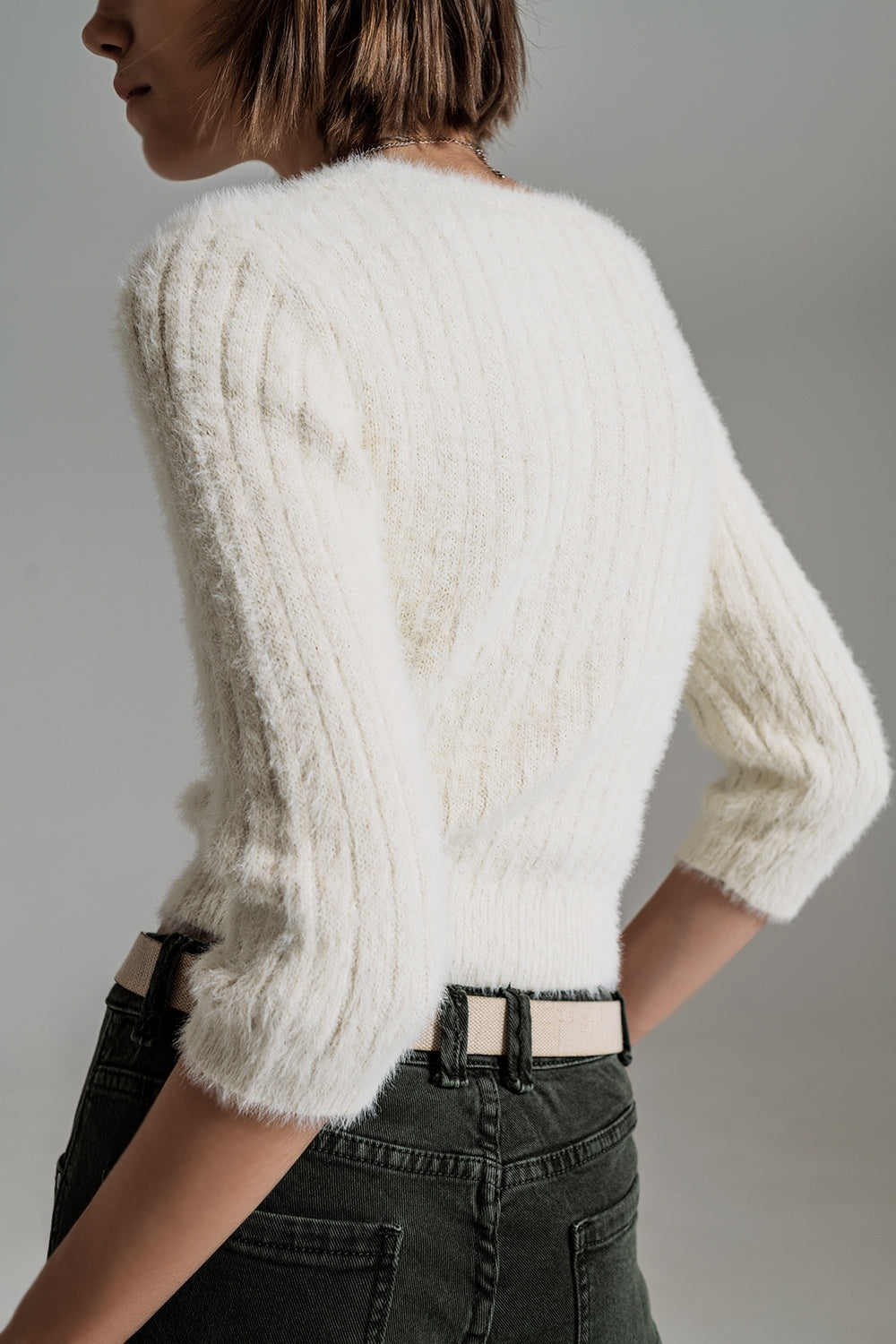 Cream Fluffy Knit Sweater With 3/4 Sleeves