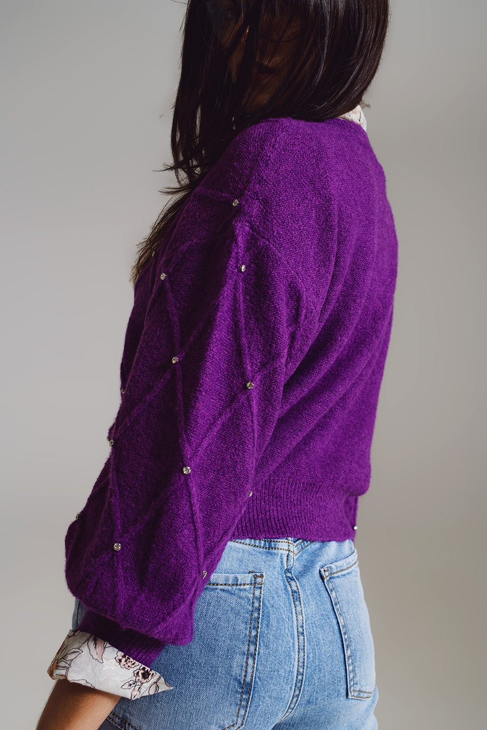 Sweater With Argyle Knit With Embellished Details in Purple