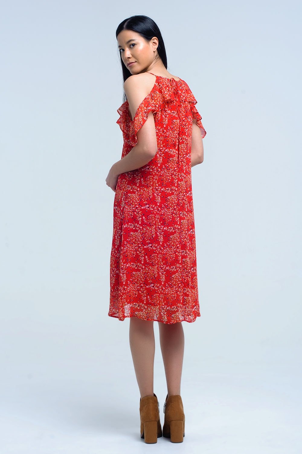Red Dress With Printed Flowers and Ruffles