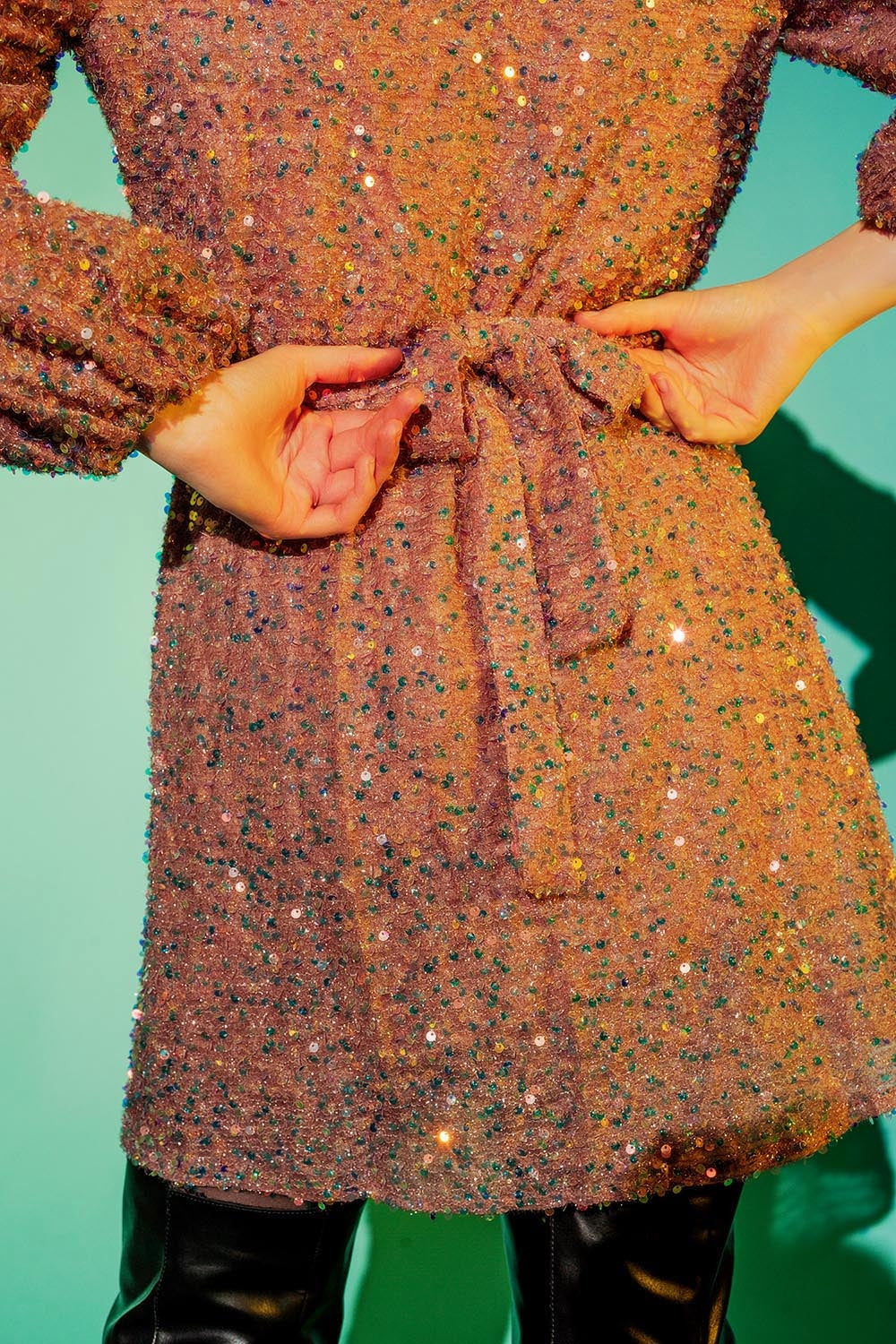 Sequin Wrap Mini Dress in Powder Pink
