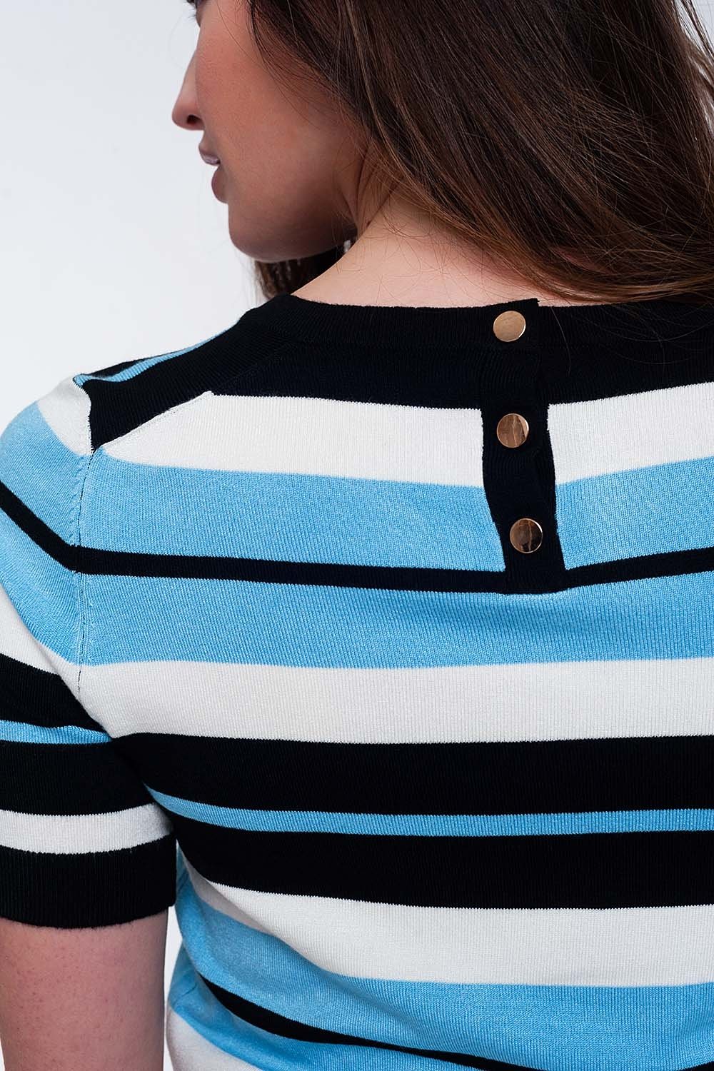 Crew Neck Boxy Jumper With Multi Stripes in Blue