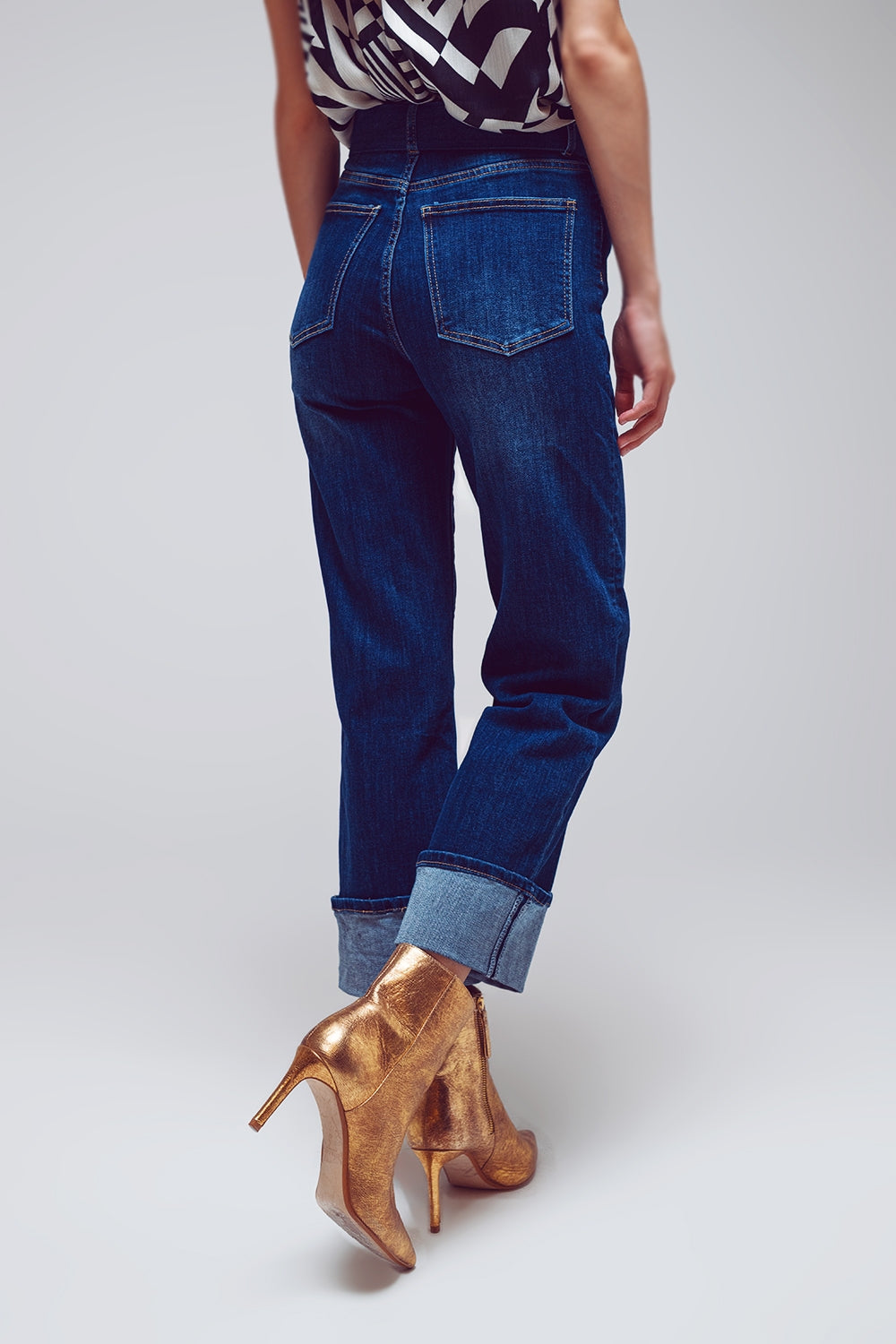 Straight Jeans With Folded Hem in Mid Blue Wash