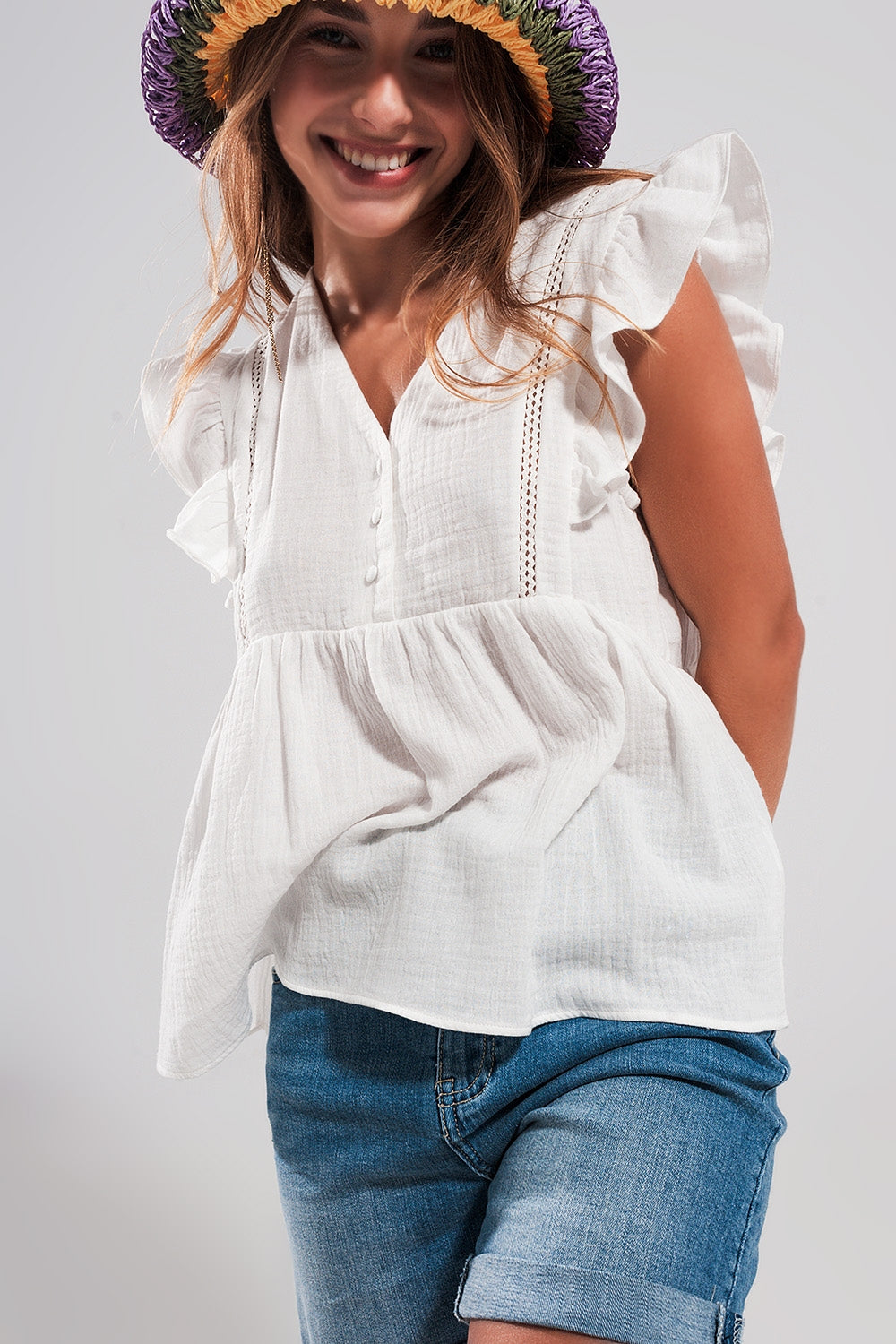 Cotton Tank Top With Ruffle Sleeves in White