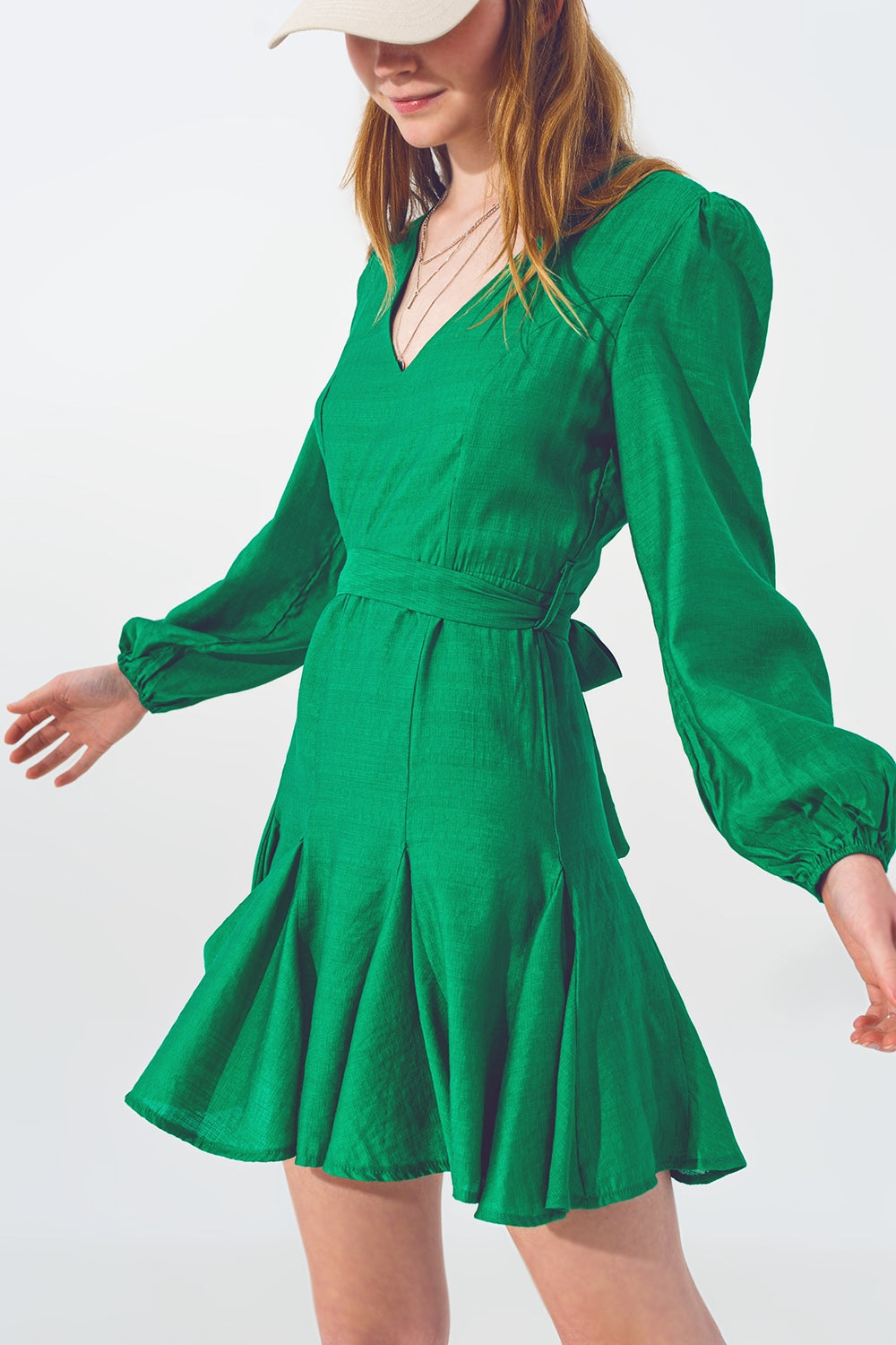 Ruffle v Neck Dress in Green