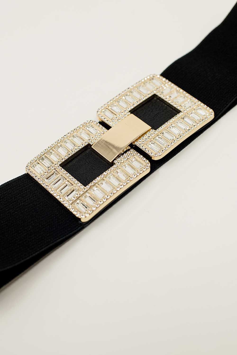Black Elastic Belt With Double-Closing Square Buckle in Rhinestones and Metal