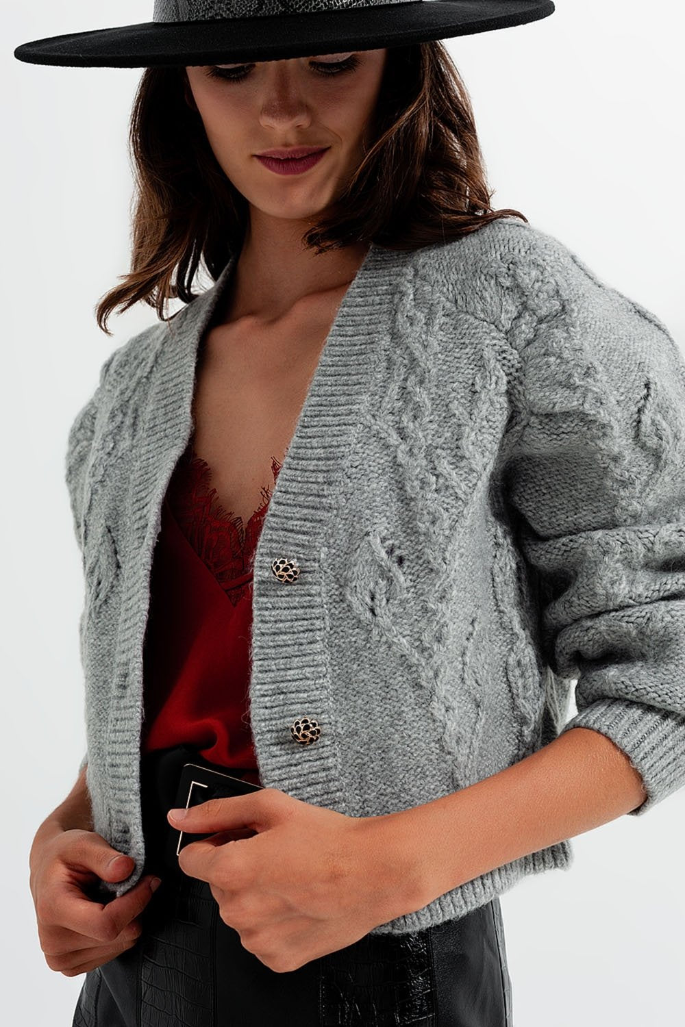 Knitted Long Sleeve Crystal Button Cardigan in Grey