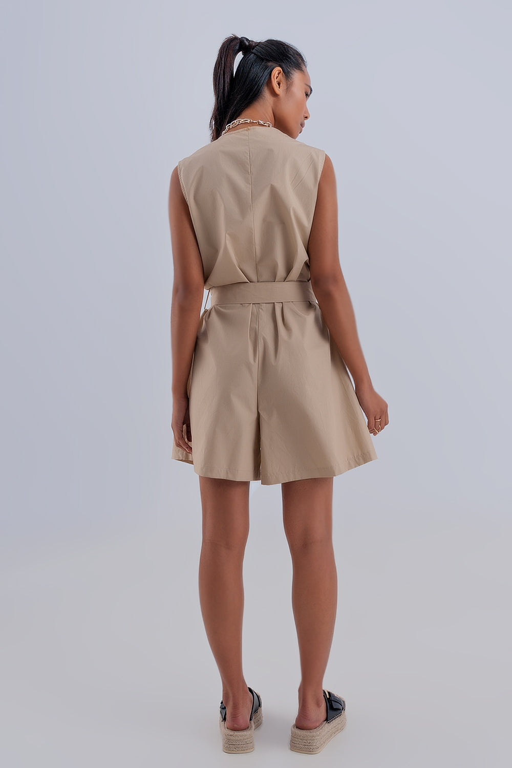 Sleeveless Belted Jumpsuit in Beige