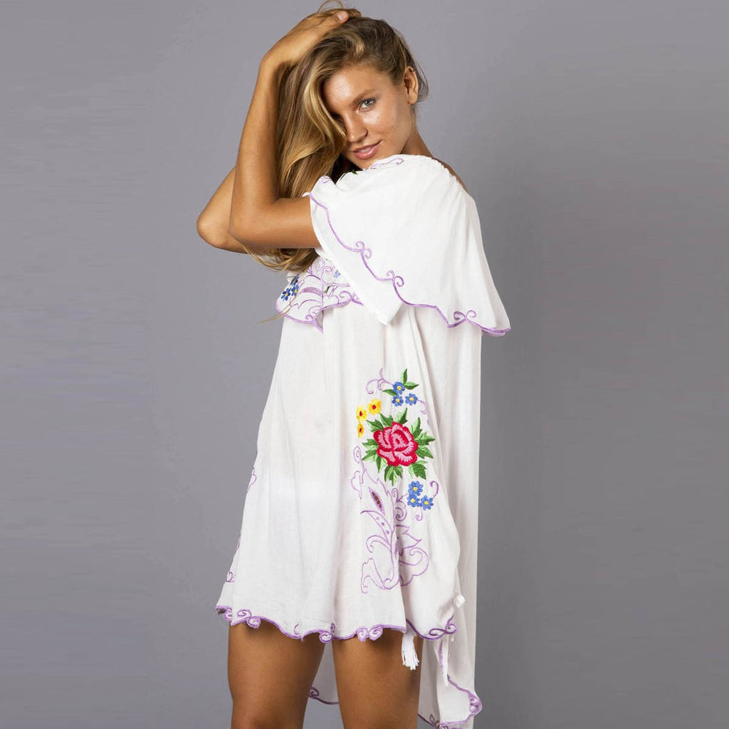 Jastie Ruffle Off-Shoulder Mini Dress Floral Embroidery Dresses Boho Chic Casual Short Dress Women Summer Dress Female Vestido