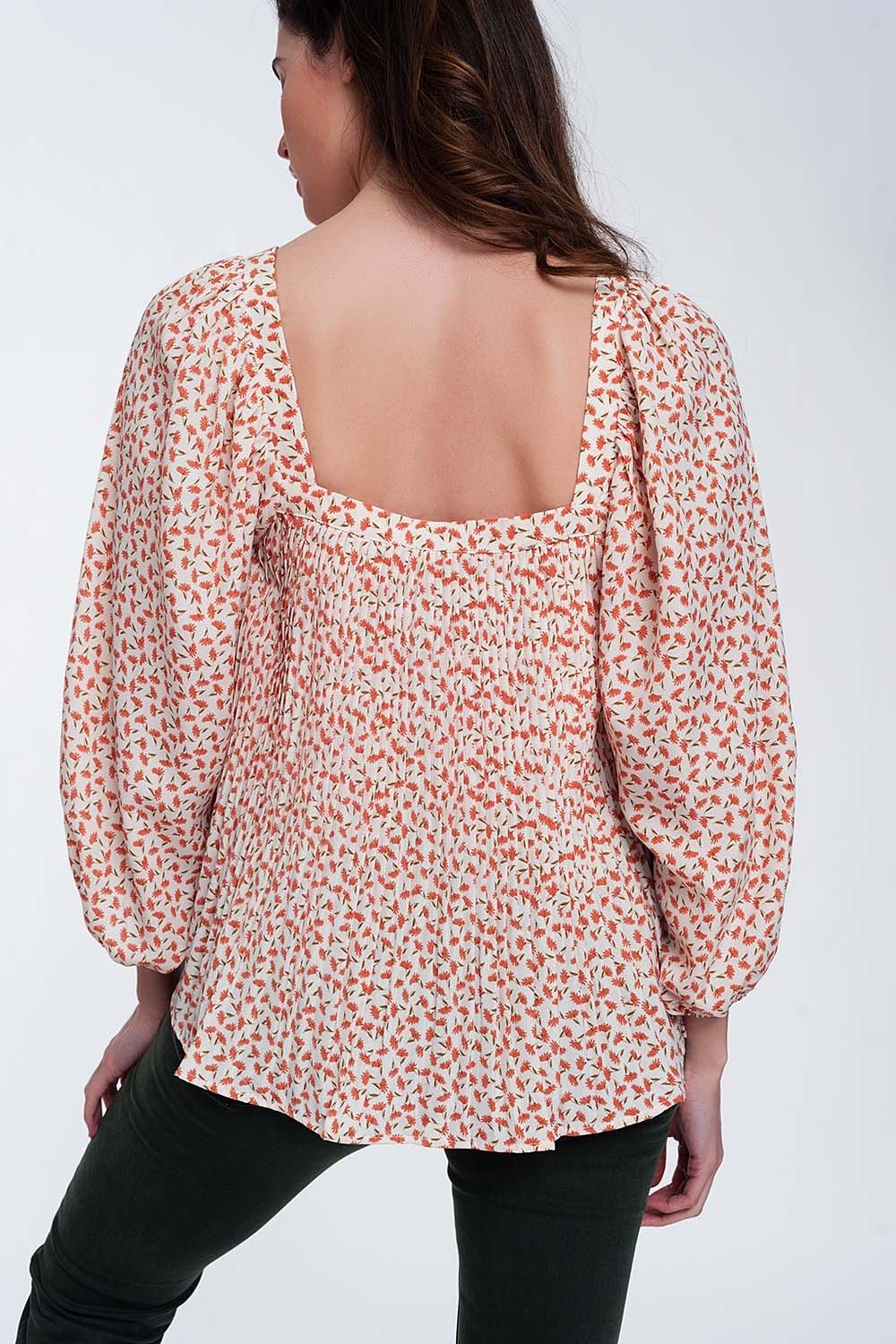 Puff Sleeve Top With Square Neck in Coral Floral Print