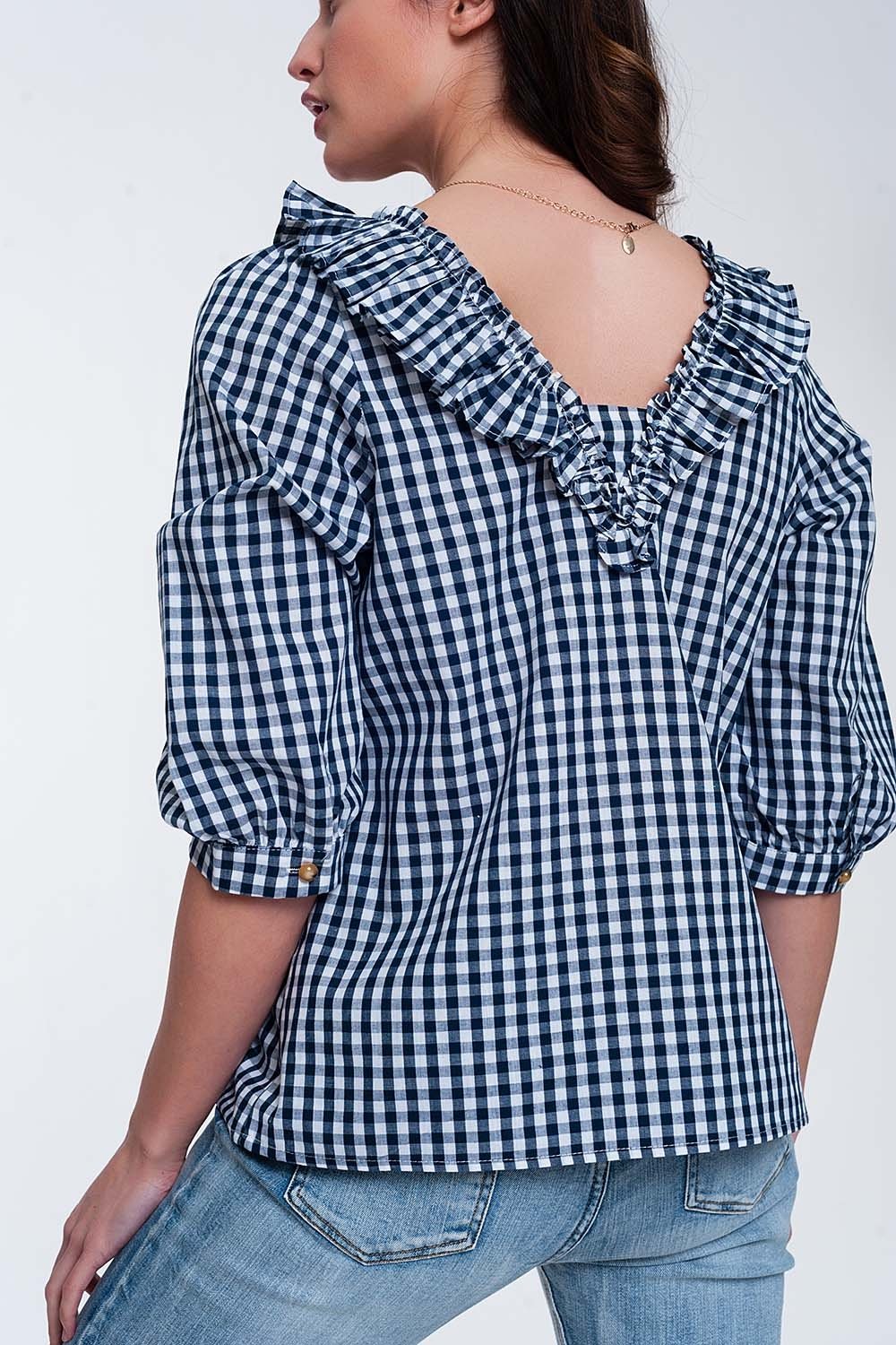 Check Square Neck Top in Navy