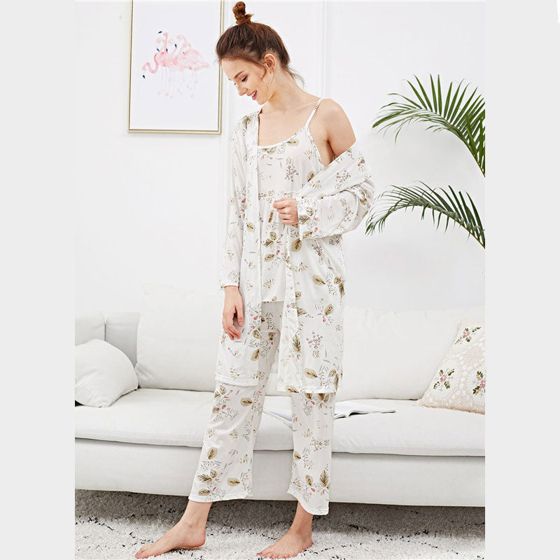 White Leaf Print Cami Pajama Set With Robe