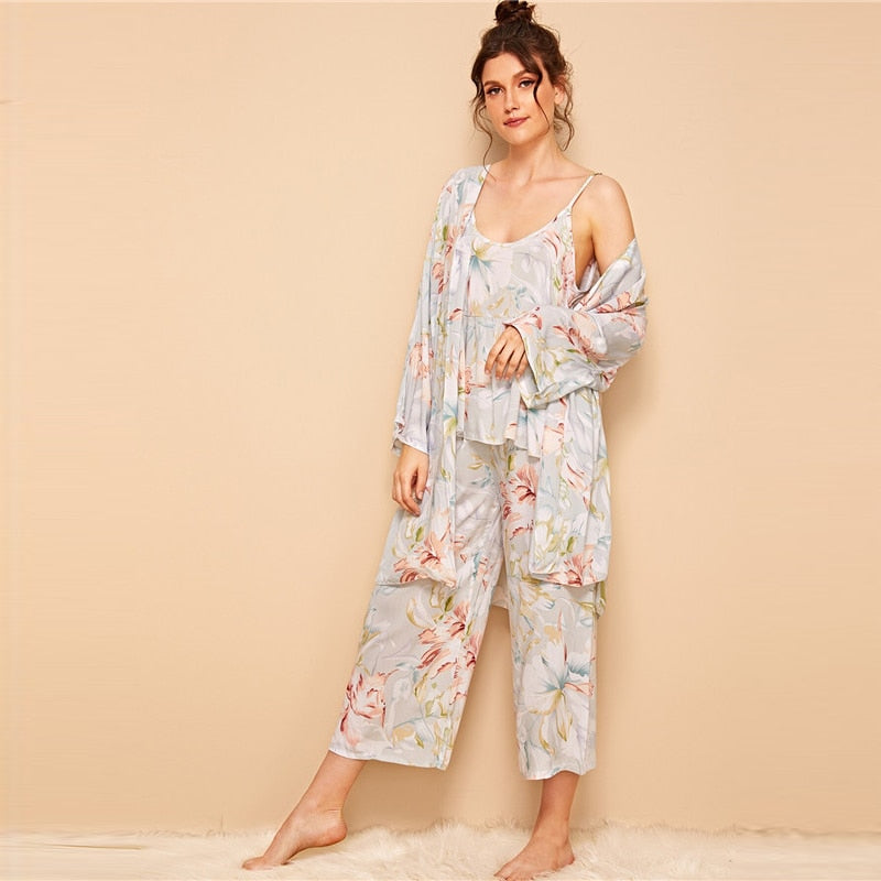 Floral Print Cami Pajama Set With Robe