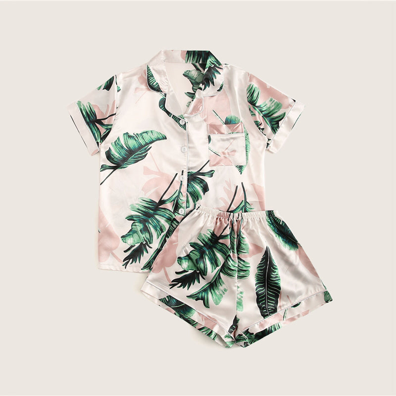 Tropical Print Satin Pajama Set