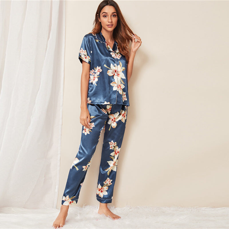 Multicolor Floral Print Satin Casual Pajama Set