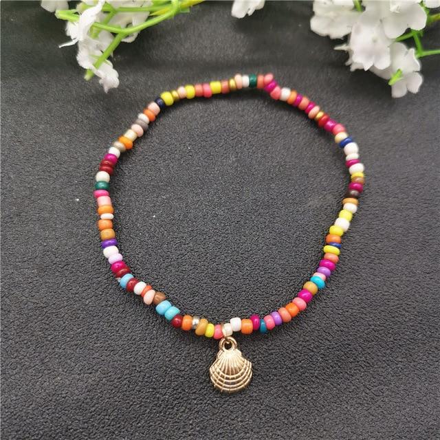 Colorful Beachy Beaded With Gold Cowrie Shell Anklet